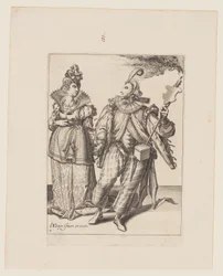 Uma mulher conduzida por um jogador segurando uma tocha, de The Masquerades