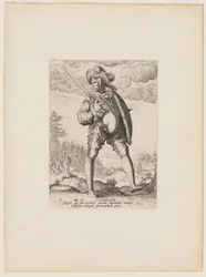 Soldado, armado com espada larga e escudo, de Oficiais e soldados da guarda-costas do Imperador Rodolfo II