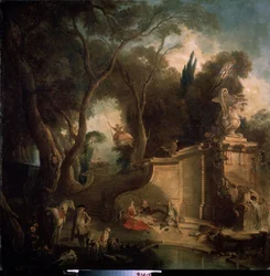 ""Descanse após a caça" (Descanse após a caça) Prazeres da nobreza após a festa de caça, uma mulher em um balanço, uma cena de piquenique (piquenique) país. Pintura de Jacques de Lajoue (1686-1761) 1730 Museu Pushkin, Moscou