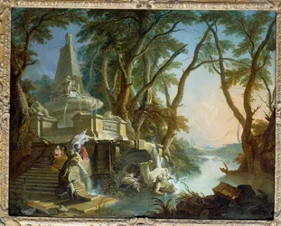Paisagem compõe ou "o rio" Fonte Piramidal com estátua de Netuno quebrada. Pintura de Jacques de Lajoue (1686-1761) Sol do século XVIII. 0,81 x 1,01 m