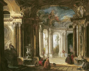 O interior de um palácio barroco com companhia elegante conversando por fontes