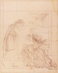 Andromaque aos pés de Pirro, ilustração para Andromaque de Jean Racine (1639-1699), por Jacques de Seve (1742-1788), desenho