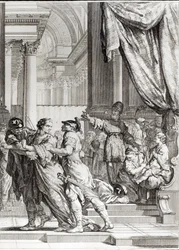 Jeoiada, sumo sacerdote de Jerusalém Proclamando o príncipe Joás como rei de Judá, cena de &39;Athalie&39; por Jean Racine (1639-99) gravada por Jean-Jacques Flipart (1719-82)