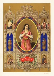 Retrato de Santa Agnes de Roma, mártir virgem, com auréola e palmeira dentro de uma borda decorativa