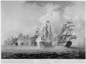 HMS&39;Victory &39;carregando para capturar o&39; Salvador del Munde &39;, luta contra o cabo de St. Vincent em 1797, gravada por James Fittler (1758-1835) pub. 1798