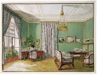 Uma senhora à sua secretária numa sala de estar Biedermeier, c. 1821