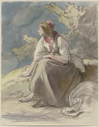Camponesa voltada para a esquerda, sentada num banco relvado