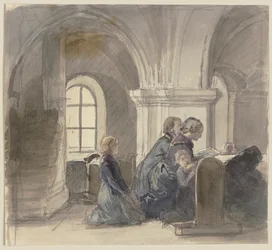 Camponeses a rezar numa igreja