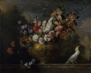 Natureza-morta com flores numa urna, com uma cacatua sobre uma saliência, c. 1699