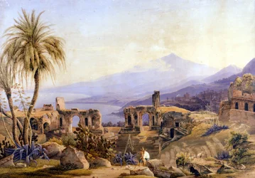 Taormina na Sicília: as ruínas e o Etna. Pintura de Jacob Suter, por volta de 1850.