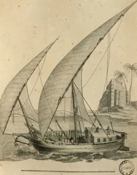 Veleiro de Nubia, Egipto, gravura de Cartes et figures du Voyage en Nubie et en Abyssinie, James Bruce