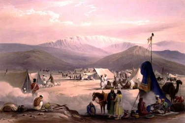 O Acampamento em Dadur, com a Entrada para o Passo Bolan, de "Esboços no Afeganistão", gravado por Charles Haghe (1810-88) e Louis Haghe (1806-85), publicado por Henry Graves