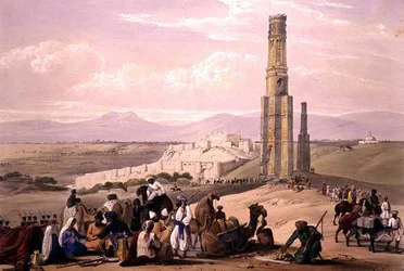 A Fortaleza e Cidadela de Ghunzee e Os Dois Minares, de "Sketches in Afghaunistan", gravado por Charles Haghe (1810-88) e Louis Haghe (1806-85), publicado por Henry Graves