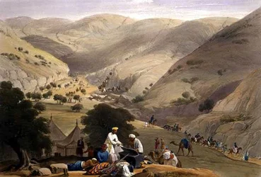 A Terceira Descida do Koojah Pass, de "Sketches in Afghaunistan", gravado por Charles Haghe (1810-88) e Louis Haghe (1806-85) publicado por Henry Graves