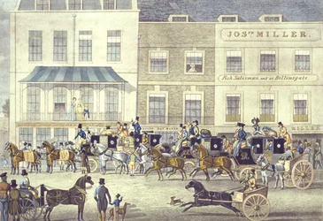 West Country Mail no Gloucester Coffee House, Piccadilly, gravado por C. Rosenberg (litografia colorida)