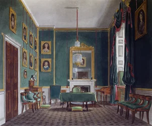 Sala de Retiro Verde, Gravura de Daniel Havell (1785-1826), Baseado no desenho de James Stephanoff (ca 1788-1874), From The History of the Royal Residences