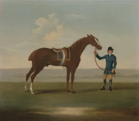 Um cavalo castanho (possivelmente um antigo parceiro) segurado por um noivo (óleo sobre tela)