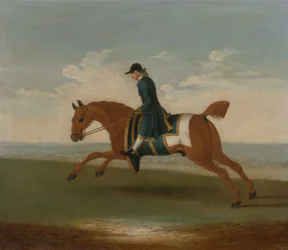 Cavalo de corrida castanho exercido por um treinador com um casaco azul (óleo sobre tela)
