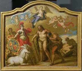 Alegoria do Poder da Grã-Bretanha por Land, projeto para um painel decorativo para a carruagem cerimonial de Jorge I, c.1718 (óleo no painel)