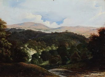 Paisagem com edifícios numa floresta (óleo sobre cartão de moinho)