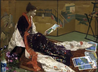 "Caprice in purple and gold: the golden screen" Jovem mulher vestida ao estilo japonês em quimono, olhando para gravuras - (Japonismo) Pintura de James Abbott McNeill Whistler (1834-1903) 1864 Freer Gallery of Art, Washington USA