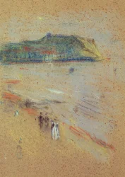 Figuras em uma praia perto de falésias