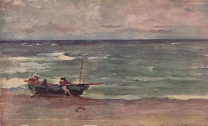 Harmonia em azul e prata: encalhar o barco, Etretat, c1897