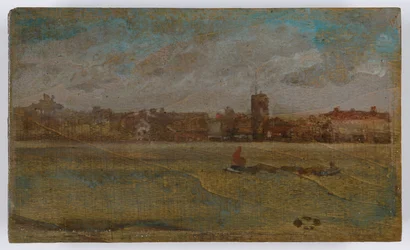 Harmonia em castanho e dourado: Old Chelsea Church, provavelmente 1884 (óleo sobre painel de madeira)