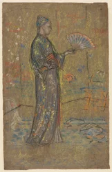 Mulher japonesa pintando um leque de frente, mulher em pé segurando seu vestido verso, c. 1872