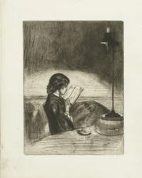 Retrato de Deborah Delano lendo Leitura à luz da lâmpada