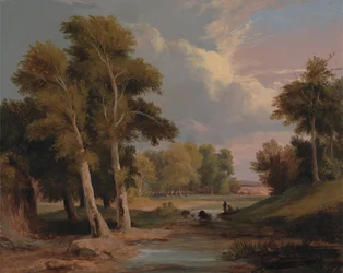 Uma paisagem arborizada do rio com pescadores