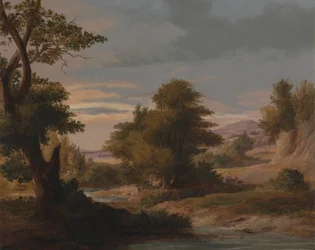Uma paisagem fluvial arborizada com mãe e filho