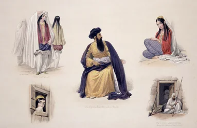 Um retrato de Sua Majestade Shah-Soojah-Ool-Moolk (1780-1842), de &39;Sketches in Afghaunistan&39;, gravado por Charles Haghe (1810-1888) e Louis Haghe (1806-1885), publicado por Henry Graves, 1842 ( cor acesa
