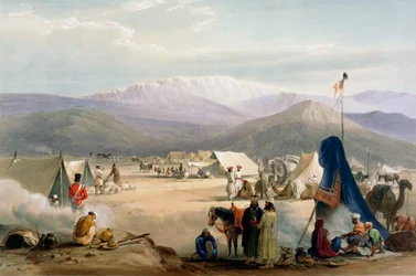 Acampamento do exército britânico em Dadur na entrada do Passo de Bolan, Primeira Guerra Anglo-Afegã, 1838-1842