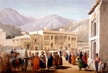 Shah Shoja, fantoche dos britânicos, segurando um durbar em Cabul, Primeira Guerra Anglo-Afegã, 1838-1842
