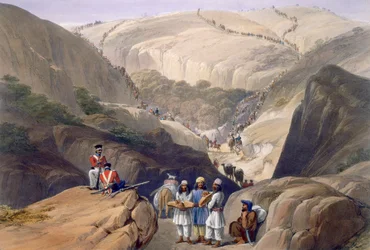 A primeira descida pelo Passo de Koojah, de "Esboços no Afeganistão", gravada por Charles Haghe (1810-1888) e Louis Haghe (1806-85), publicada por Henry Graves, 1842