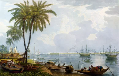 Vista de Calcutá, de um ponto oposto a Kidderpore, 1837, gravado por Robert Havell, o Jovem (1793-1878) (aquatint)