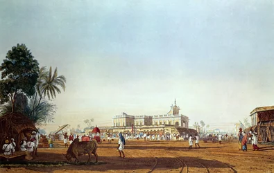 Lall Bazaar e a Capela Portuguesa, Calcutá, gravada por Robert Havell, pub. 1824