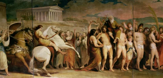 Coroação dos vencedores em Olímpia, terceira parte da série «O progresso da cultura e do conhecimento humanos», pormenor do painel central que representa Diágoras, c. 1777-1801
