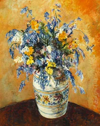 Bluebells e Narcissi em um vaso decorado