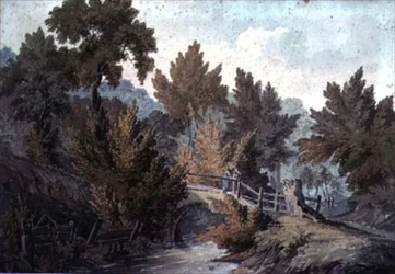 Paisagem, com, ponte, e, fluxo
