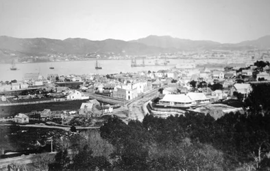 Lambton Harbour e Queens Wharf, Wellington, Nova Zelândia, 1870