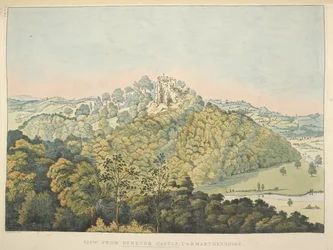 Mapas K Top 46, 35 d Vista do Castelo de Dynevor, com vista para o Rio Towy e Golden Grove (gravura colorida à mão)