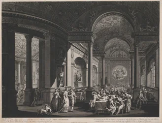 Vista interior da sala de jantar e parte da sala de baile num Pavilhão erguido para um Champetre de Pés no Jardim do Conde de Derby