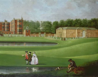 Vista da Casa Temple Newsam, detalhe do bloco estável, c.1750 (óleo sobre tela) (ver também 128852)