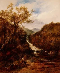 Pescador junto a uma Cascata arborizada