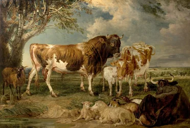 Touro, vaca e bezerro em uma paisagem, 1837