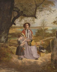 Mãe e Filho por um Stile, com Culver Cliff, Ilha de Wight, na Distância
