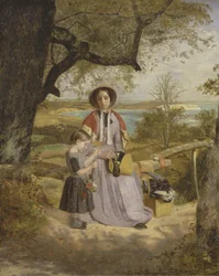 Mãe e filho por um Stile, com Culver Cliff, Isle of Wight, à distância, c.1849-50 (óleo no painel)