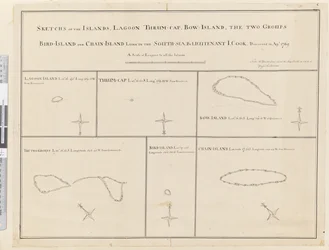 iii. Esboços da Lagoa das Ilhas, Thrum-Cap, Bow-Island, os Dois Grupos, Ilha das Aves e Ilha da Corrente, deitados no Sul, Mar... descoberto na APL 1769